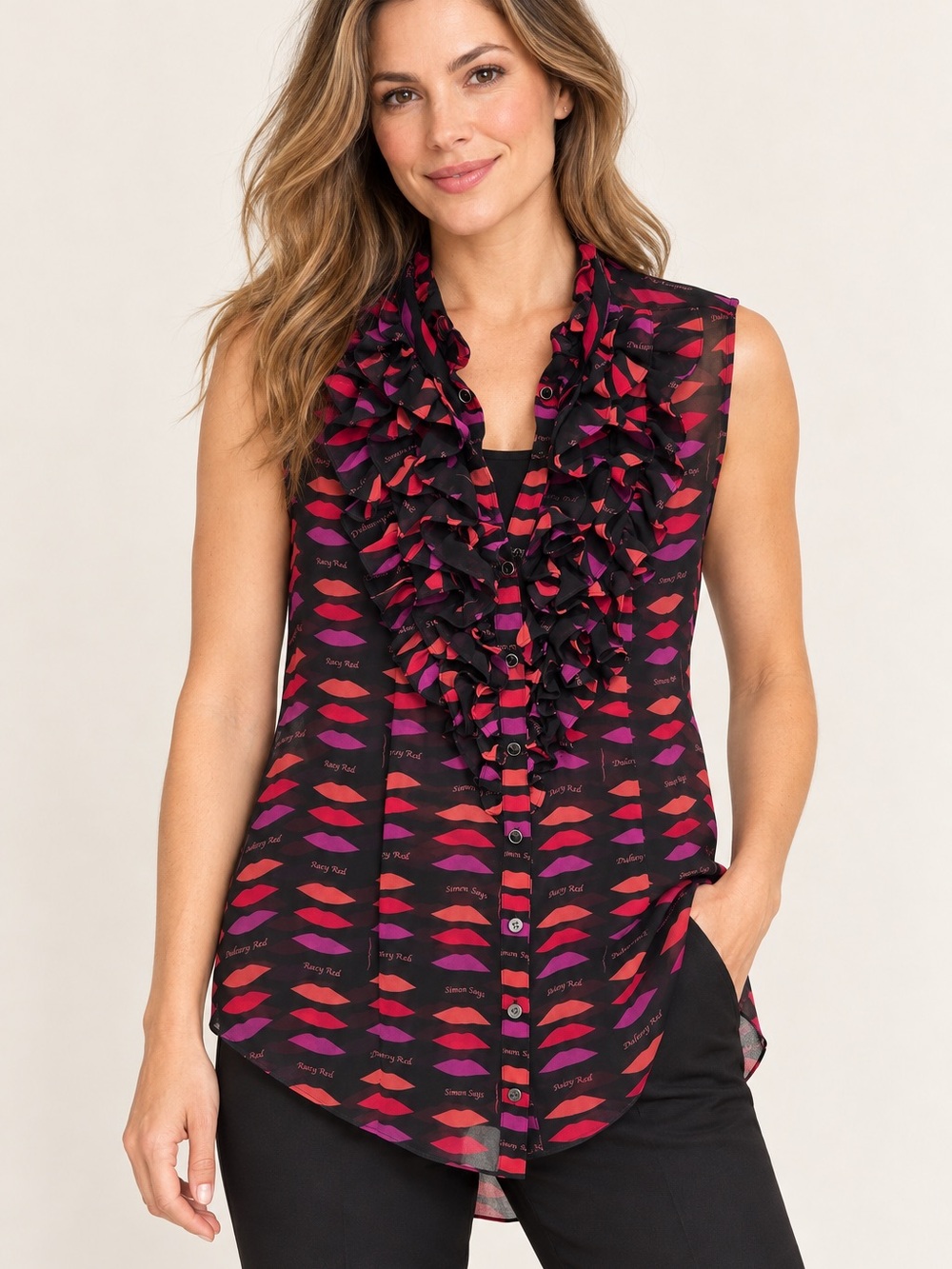 Banana Republic Black Sleeveless Ruffle Blouse with Pink & Red Lip Print